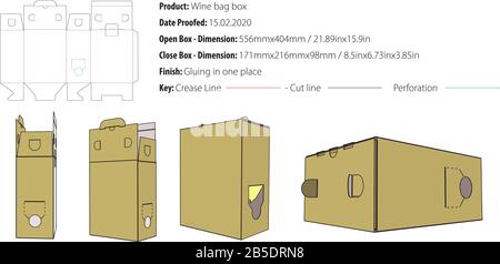 Wine Bag Box Verpackung Schablone Druckschnitt Vektor Stock Vektor