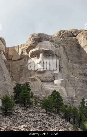 Das Gesicht von Abraham Lincoln, in Felsen gehauen am Mt. Rushmore in South Dakota. Stockfoto