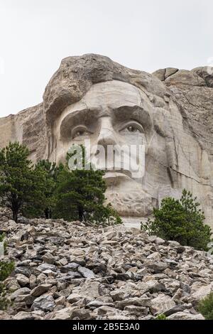 Das Gesicht von Abraham Lincoln, in Felsen gehauen am Mt. Rushmore in South Dakota. Stockfoto