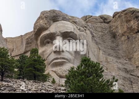 Das Gesicht von Abraham Lincoln, in Felsen gehauen am Mt. Rushmore in South Dakota. Stockfoto