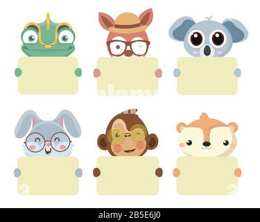 Cute Animals mit Leeren Karten Digitale Clip-Art für Scrapbook. Stock Vektor
