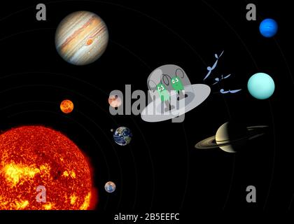 Aliens in Raumschiff im Sonnensystem mit Sonne und Planeten im Orbit auf Schwarz illustriert. Planetenfotos mit freundlicher Genehmigung der NASA. Stockfoto