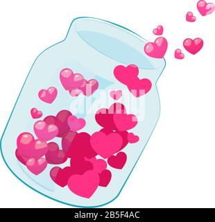 Glasbecher voller echter Liebe. Flat Romantic Bottle of Hearts Vector Drawn Illustration. Isoliert auf weißem Hintergrund. Konzept für Liebesurlaub, Wohltätigkeitsorganisation, Spenden, fliegende rote Elemente. Stock Vektor