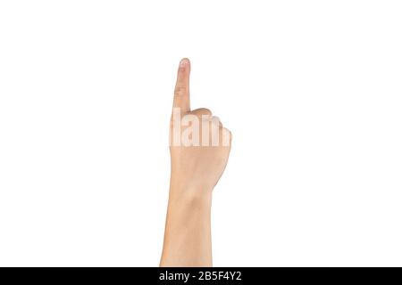 Die hintere asiatische Hand zeigt und zählt 1 (ein) Schild auf dem Finger auf einem isolierten weißen Hintergrund. Beschneidungspfad Stockfoto