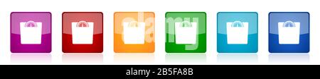 Gewichtssymbol, farbige quadratische, glänzende Vektorgrafiken in 6 Optionen für Webdesign und mobile Anwendungen Stock Vektor