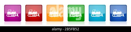 Bulldozer Icon Set, schwere Maschine, Traktor farbenfrohe quadratische Hochglanzvektor-Illustrationen in 6 Optionen für Web-Design und mobile Anwendungen Stock Vektor