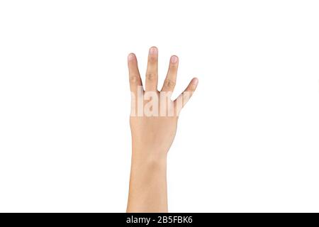 Asiatische Hinterhand zeigt und zählt 4 (vier) Zeichen auf dem Finger auf isoliertem weißem Hintergrund. Beschneidungspfad Stockfoto