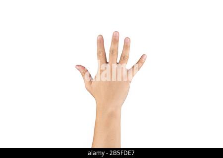 Asiatische Hinterhand zeigt und zählt 5 (fünf) Zeichen auf dem Finger auf isoliertem weißem Hintergrund. Beschneidungspfad Stockfoto