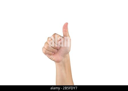 Asiatische Hand zeigt und zählt 6 Finger auf isoliertem weißem Hintergrund mit Beschneidungspfad Stockfoto