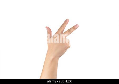 Asiatische Hinterhand zeigt und zählt 8 (acht) Zeichen auf dem Finger auf isoliertem weißem Hintergrund. Beschneidungspfad Stockfoto