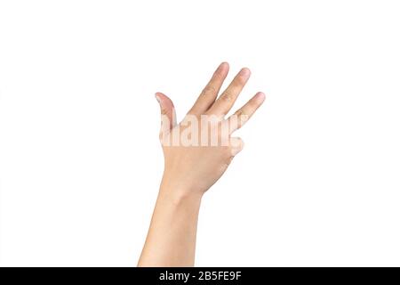 Asiatische Hinterhand zeigt und zählt 9 (neun) Zeichen auf dem Finger auf isoliertem weißem Hintergrund. Beschneidungspfad Stockfoto