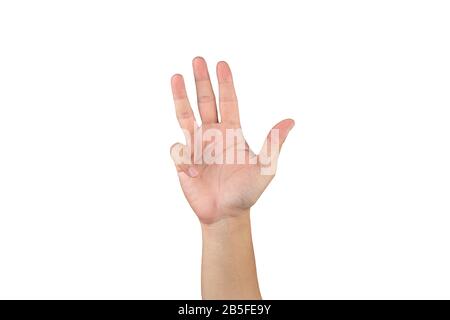 Asiatische Hand zeigt und zählt 9 Finger auf isoliertem weißem Hintergrund mit Beschneidungspfad Stockfoto