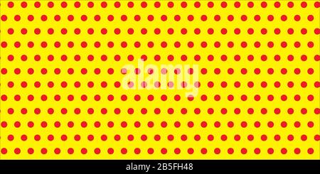 Rote Polka-Punkte umkreisen die Kreise auf einem nahtlosen unendlichen Muster vor der geometrischen Struktur des gelben leeren Raumhintergrunds. Vektorgrafiken. Stock Vektor
