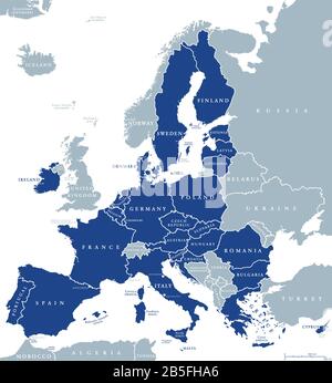 Karte der EU-Mitgliedsstaaten nach Brexit, englische Kennzeichnung. 27 EU-Mitgliedsstaaten, nachdem Großbritannien aufgehört hatte. Stockfoto