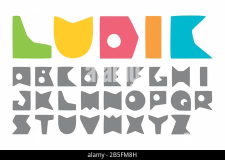 Ludic Children Flat Vector Typeface. Niedliche Cartoon-Schrift im geometrischen Stil in Großbuchstaben. Durchgezogene Füll- und Konturtypografie. Stock Vektor