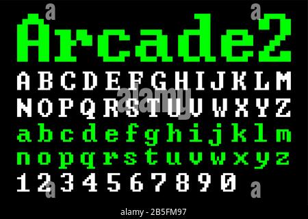 Schriftart für Pixel Arcade (Vektorgrafik) in der alten Schule. Typografie mit flachem, geometrischem Digital-Computer-Spielstil. Großbuchstaben, Kleinbuchstaben und Zahlen. Stock Vektor