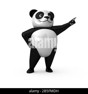 3d Panda Plastic Toy (Toy Art)-Stil steht und Zeigt auf Himmel. Cartoon 3D-Zeichen-Design-Illustration. Stockfoto