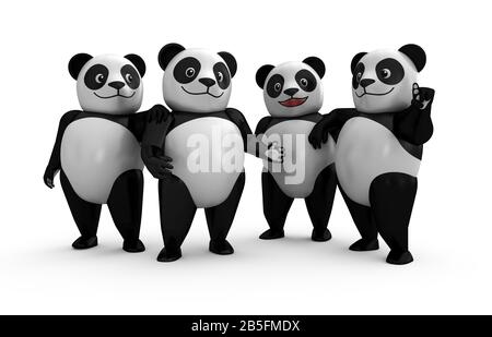 3d Panda Plastic Toy (Toy Art)-Stil in Mehreren Posen (Gruppe). Cartoon 3D-Zeichen-Design-Illustration. Stockfoto