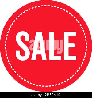 Roter Werbebutton mit rundem Umriss, gestrichelter weißer Linie und fett formatiertem Text isoliert. Vektorgrafiken. Stock Vektor