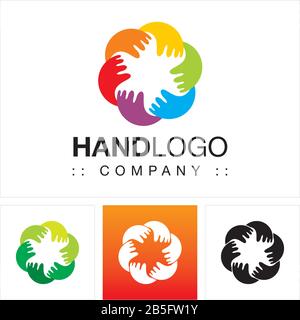 Hands (Kind, Erwachsene) Vector Symbol Company Logo (Logotyp). Abbildung: Care, Help, Love, Protection Icon. Elegantes und Modernes Identitätskonzept. Stock Vektor