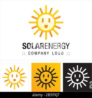 Logo Des Unternehmens "Solar Energy Vector Symbol". Cartoon-Stil-Logotyp. Abbildung Der Symbole "Sun", "Electric Plug and Smile" (Emoticon). Elegantes Identitätskonzept Stock Vektor