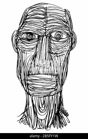 Farbzeichnung (Skizze, Hatch-Arbeit) eines Ausdrucksstarken Gesichts (Alter Mann) in einem Texturierten, Einzigartigen Stil. Künstlerische manuelle Darstellung wurde zum Vektor. Stock Vektor