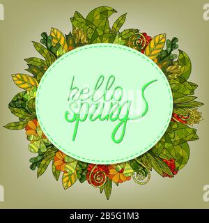 Grußkarte mit Frühlings-Schriftzug und Cartoon-Blumen und Blättern - Hallo Frühling Stock Vektor