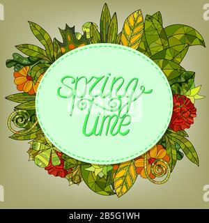 Grußkarte mit Frühlings-Schriftzug und Cartoon-Blumen und Blättern - Frühlingszeit Stock Vektor