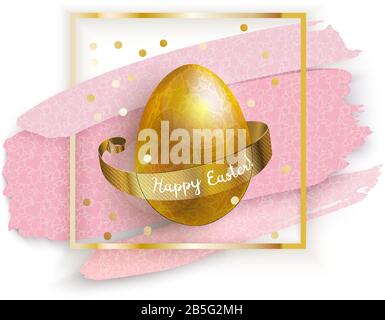 Goldenes Osterei auf dem Goldplatz mit rosafarbenen Blots auf transparentem Hintergrund. Grunge. Oster-Banner. Stock Vektor