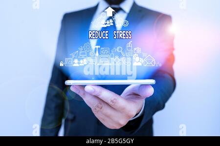 Textzeichen mit Der Anzeige "Stress Reduzieren". Fototext für Unternehmen, um die Spannung zu lindern und sich für einen hochwertigen Lebensstil zu engagieren Stockfoto