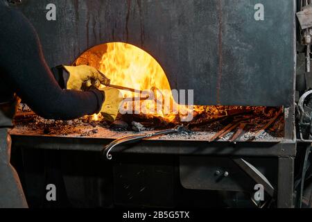 Weibliche Metallkünstler ziehen ein Werkstück aus einem traditionellen brennenden Schmiedeofen mit Zwingern heraus Stockfoto