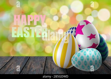 Bunte ostereier auf Holztisch mit Platz und Text vor farbenfrohem Bokeh-Hintergrund. 3D-Abbildung. Stockfoto