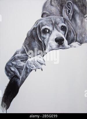 Ein Acryl-Gemälde, das ein Mann mit einem Beagle-Hund auf weißer Leinwand mit Liebe trägt. Stockfoto