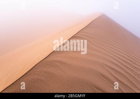 Abstraktes Bild einer gemusterten Sanddüne bei dichtem Nebel an einem Wintermorgen. Liwa-Wüste, Abu Dhabi, Vereinigte Arabische Emirate. Stockfoto