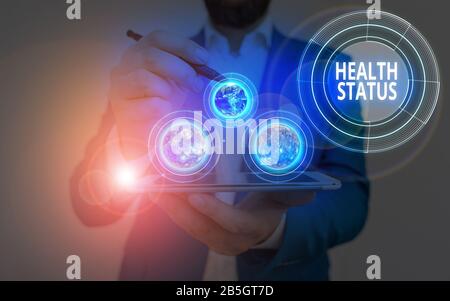 Konzeptionelle Handschreiben mit Gesundheitsstatus. Begriff bedeutet, Dass Der Gesundheitszustand eines demonstrierenden oder bevölkerungsmäßig bewerteten Elements dieses Bild-Fu-Bildes gemeint ist Stockfoto