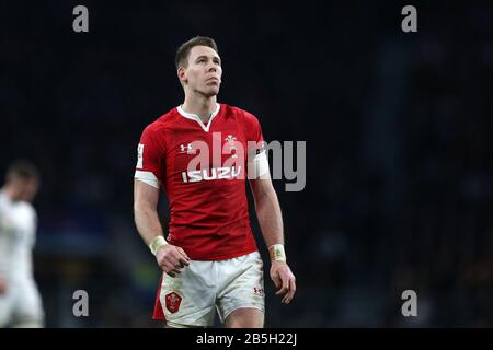 London, Großbritannien. März 2020. Liam Williams von Wales sieht weiter. England / Wales, Guinness Six Nations 2020 Championship Rugby im Twickenham Stadium in London am Samstag, 7. März 2020. Bitte beachten Sie, dass Bilder nur für redaktionelle Zwecke verwendet werden. Bild von Andrew Orchard/Andrew Orchard Sportfotografie /Alamy Live News Credit: Andrew Orchard Sportfotografie/Alamy Live News Stockfoto