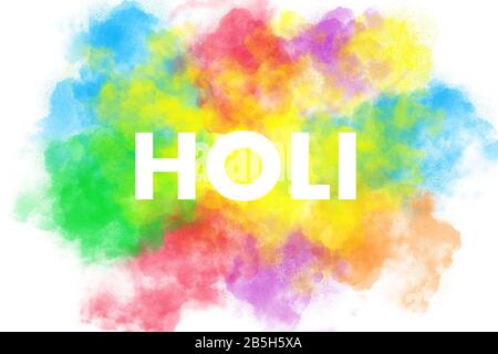 Holi Wort über den Aufbruch des bunten Pulvers, weißer Hintergrund. Abstrakte Abbildung Stockfoto