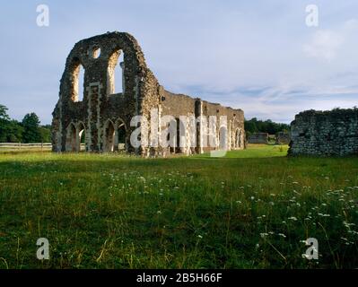 Sehen Sie NNW auf Resten der Zellarer-Reihe mit Laienbrüderrefektorium oben, Waverley Abbey, Farnham, Großbritannien, dem ersten zisterziensischen Haus in England. Stockfoto