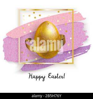 Goldenes Osterei auf dem Goldplatz mit rosafarbenen Blots auf weißem Hintergrund. Grunge. Oster-Banner. Stock Vektor