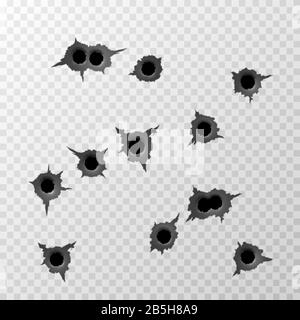 Einschussloch. Spur von Maschinenpistole. Abgerissene Oberfläche von Kugel. Zerrippte Metallteile auf transparentem Hintergrund. Vektorgrafiken Stock Vektor
