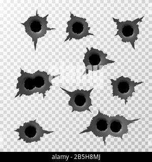 Durchgefranste Einschussbohrung. Abgerissene Oberfläche von Kugel. Zerrippte Metallteile auf transparentem Hintergrund. Vektorgrafiken Stock Vektor