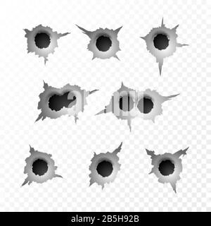 Einschussloch. Abgerissene Oberfläche von Kugel. Zerrippte Metallteile auf transparentem Hintergrund. Vektorgrafiken Stock Vektor