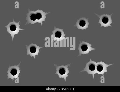 Einschusslöcher Gesetzt. Anderes beschädigtes Element von Kugel auf metallischer Oberfläche. Vektordarstellung Stock Vektor