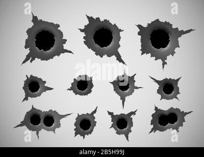 Einschussloch. Beschädigung und Risse an der Oberfläche durch Kugelvektorabbildung Stock Vektor