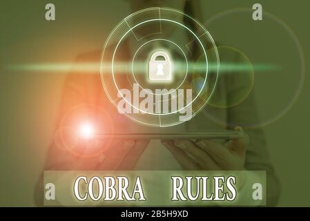 Wort schreiben Text Cobra Regeln. Business Foto präsentiert die Gruppe Krankenversicherung nach einem Job Verlust Stockfoto