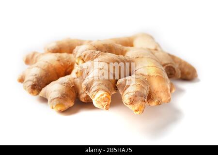 Frische Ingwerwurzel auf weißem Hintergrund, Nahaufnahme isolieren. Ingwer-Apotheke. Stockfoto