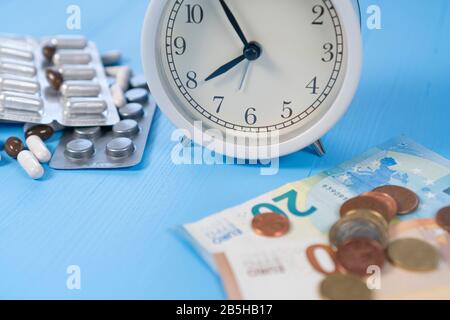 Euro-Banknoten und -Münzen mit einer Reihe von Blisterpackungen mit medizinischen Kapseln und Tabletten mit einem klassischen weißen Wecker auf einem hellblauen Holzbackgrohr Stockfoto