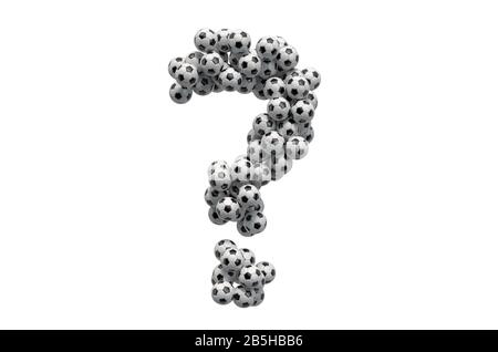 Fragezeichen von Fußballbällen, 3D-Rendering isoliert auf weißem Hintergrund Stockfoto