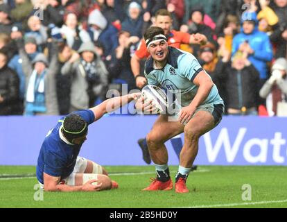 BT Murrayfield Stadium.Edinburgh.Scotland, Großbritannien. März 2020. Guinness Six Nations Test Match Schottland gegen Frankreich. Schottland Stuart McInally erzielt den 3. Versuch im Vergleich zu Frankreich. Kredit: Eric mccowat/Alamy Live News Stockfoto