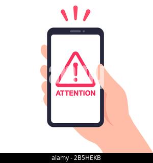 Halten Sie das Smartphone mit Warnzeichen und Texthinweis in der Hand. Rotes Ausrufezeichen, Telefonproblem. Vektorclip Art Illustration, flacher Cartoon d Stock Vektor